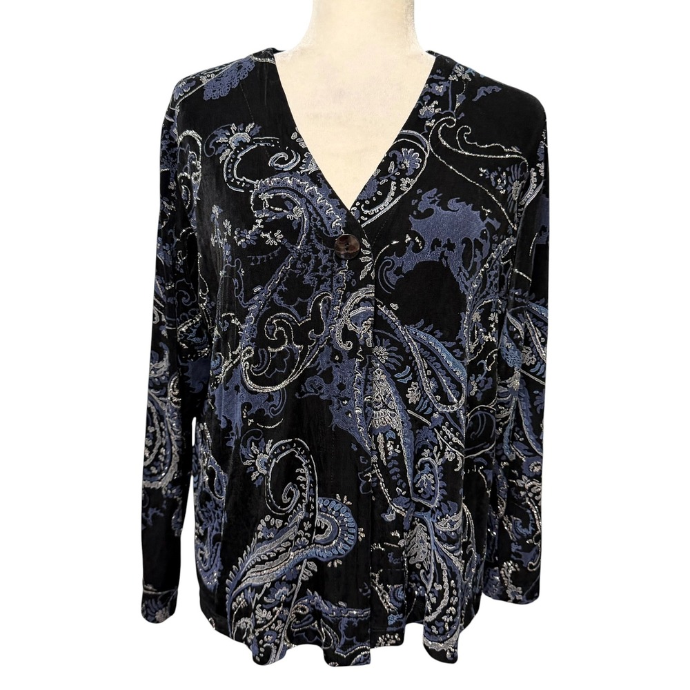 Chico's Travelers Cardigan Women Size 2 L Black Blue Paisley Metallic Office Top